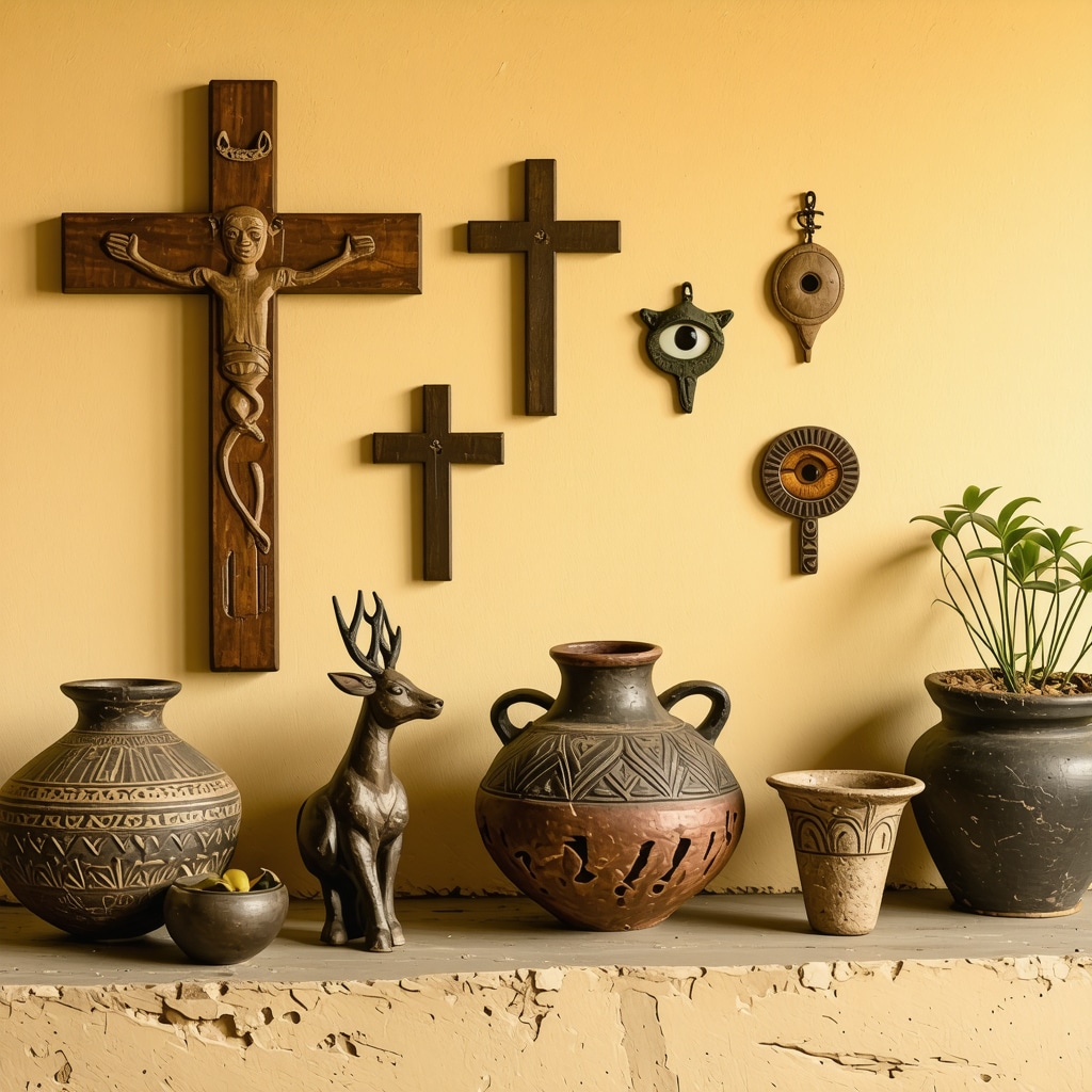 Guacal, wooden crosses, and deer eye amulets displayed in a Salvadoran home reflecting cultural and spiritual heritage