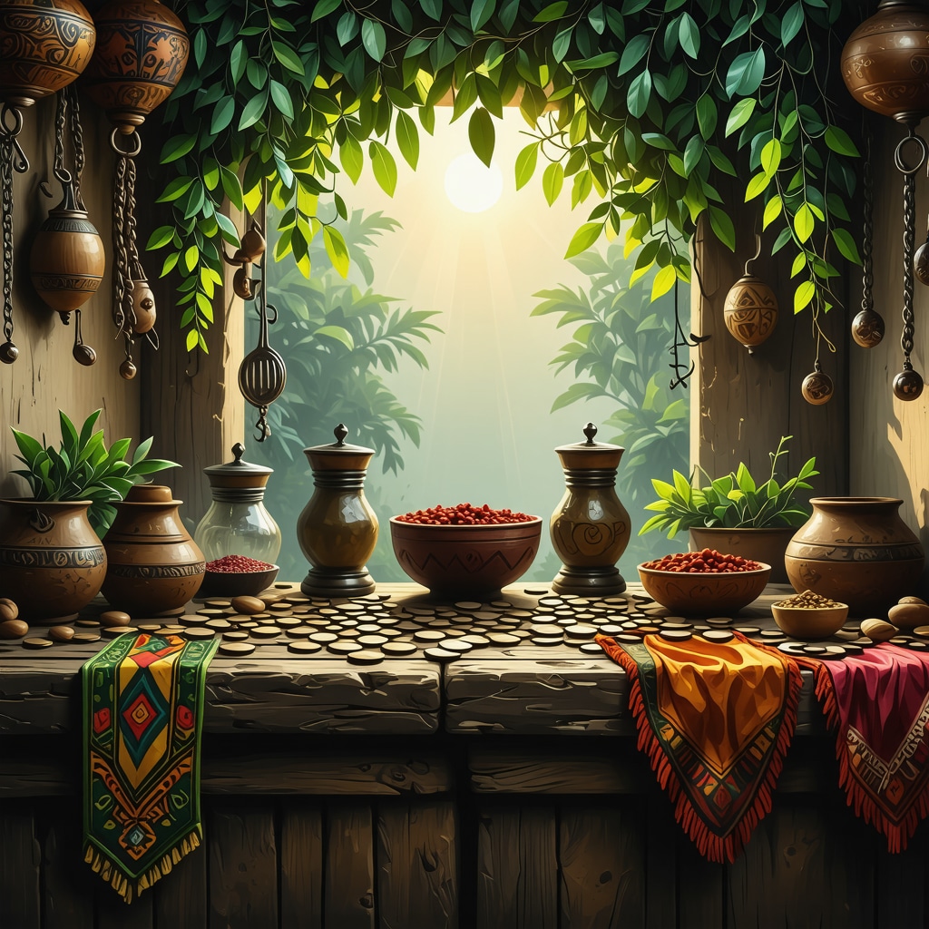 Traditional Venezuelan kitchen with symbolic objects such as laurel branches, coins under salt shakers, and colorful amulets representing good fortune and positive energy.