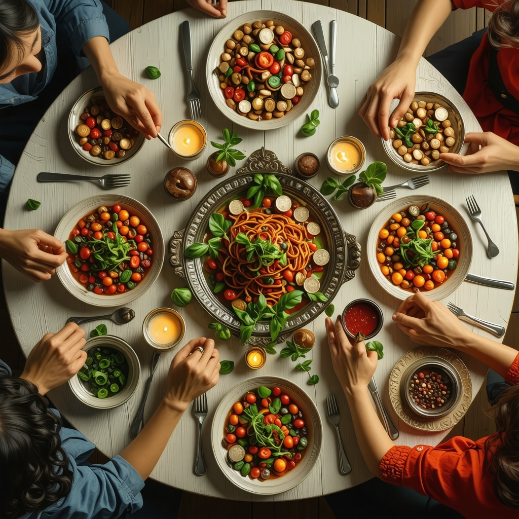 Traditional dining table with symbolic objects and people sharing a meal symbolizing rituals for abundance and prosperity