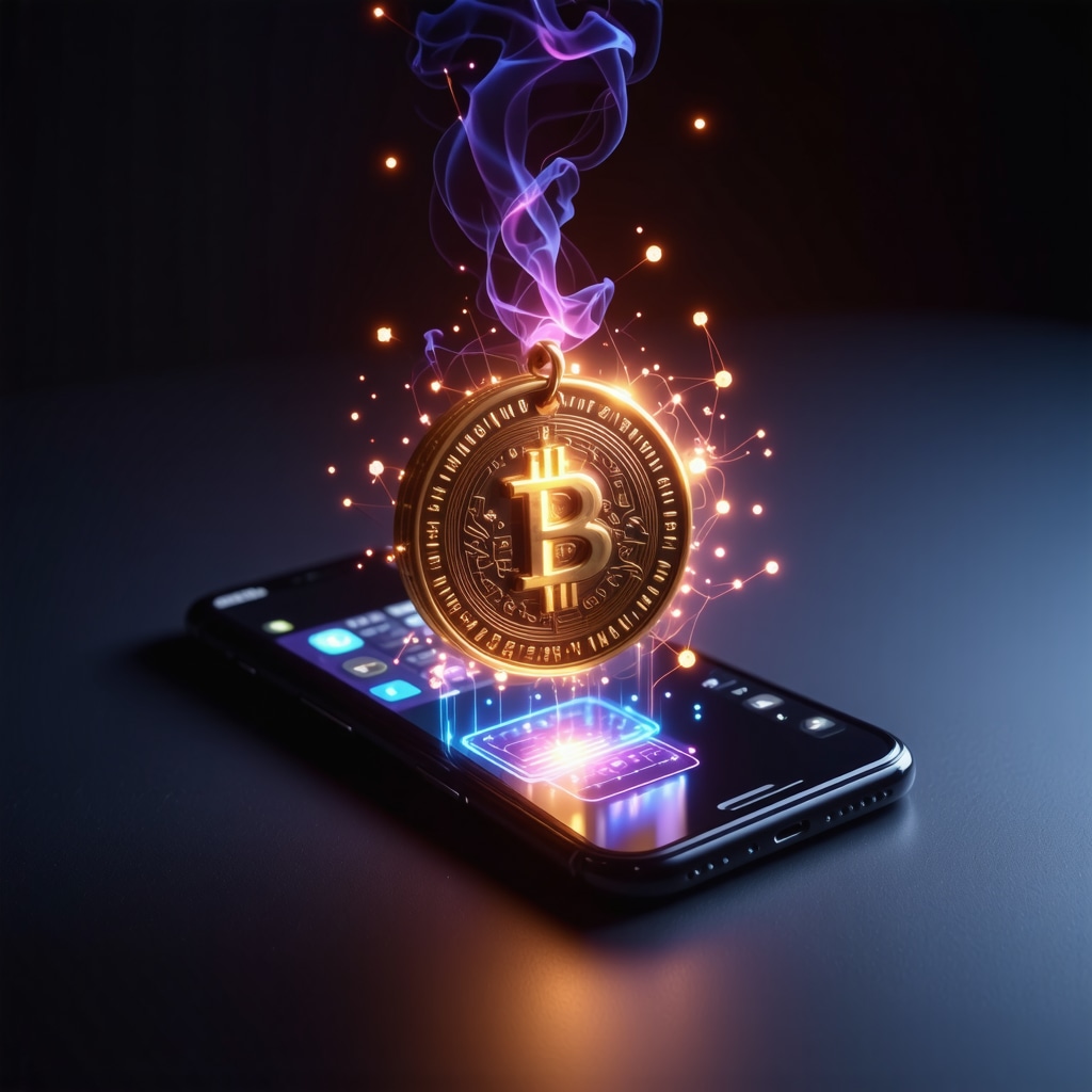 Digital representation of an amulet evolving into an NFT on a smartphone screen