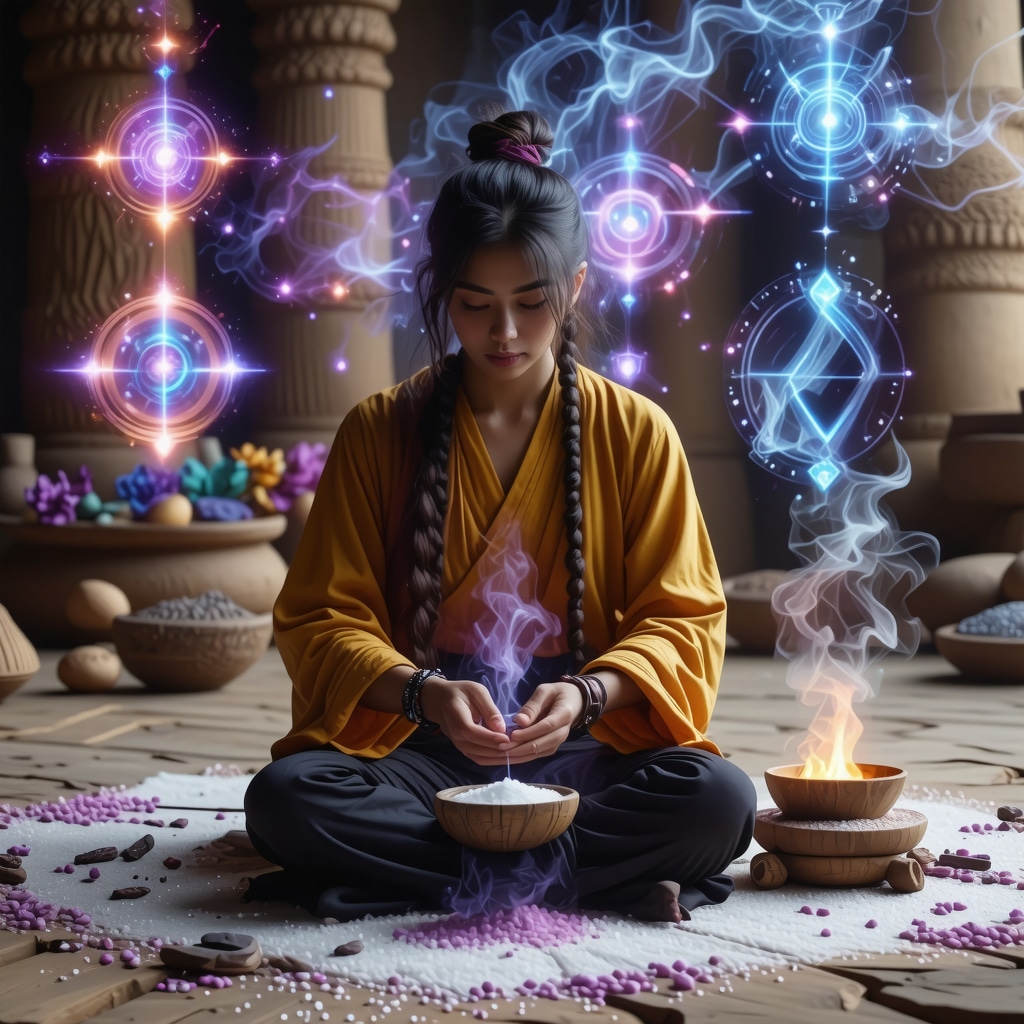 Traveler combining traditional ritual elements with modern digital symbols for energy protection