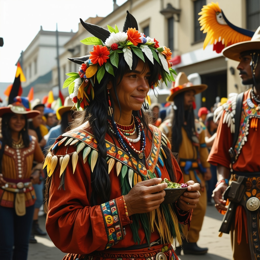 People participating in a community event in Argentina performing traditional rituals with folklore symbols such as horseshoes and basil plants, integrating digital devices.