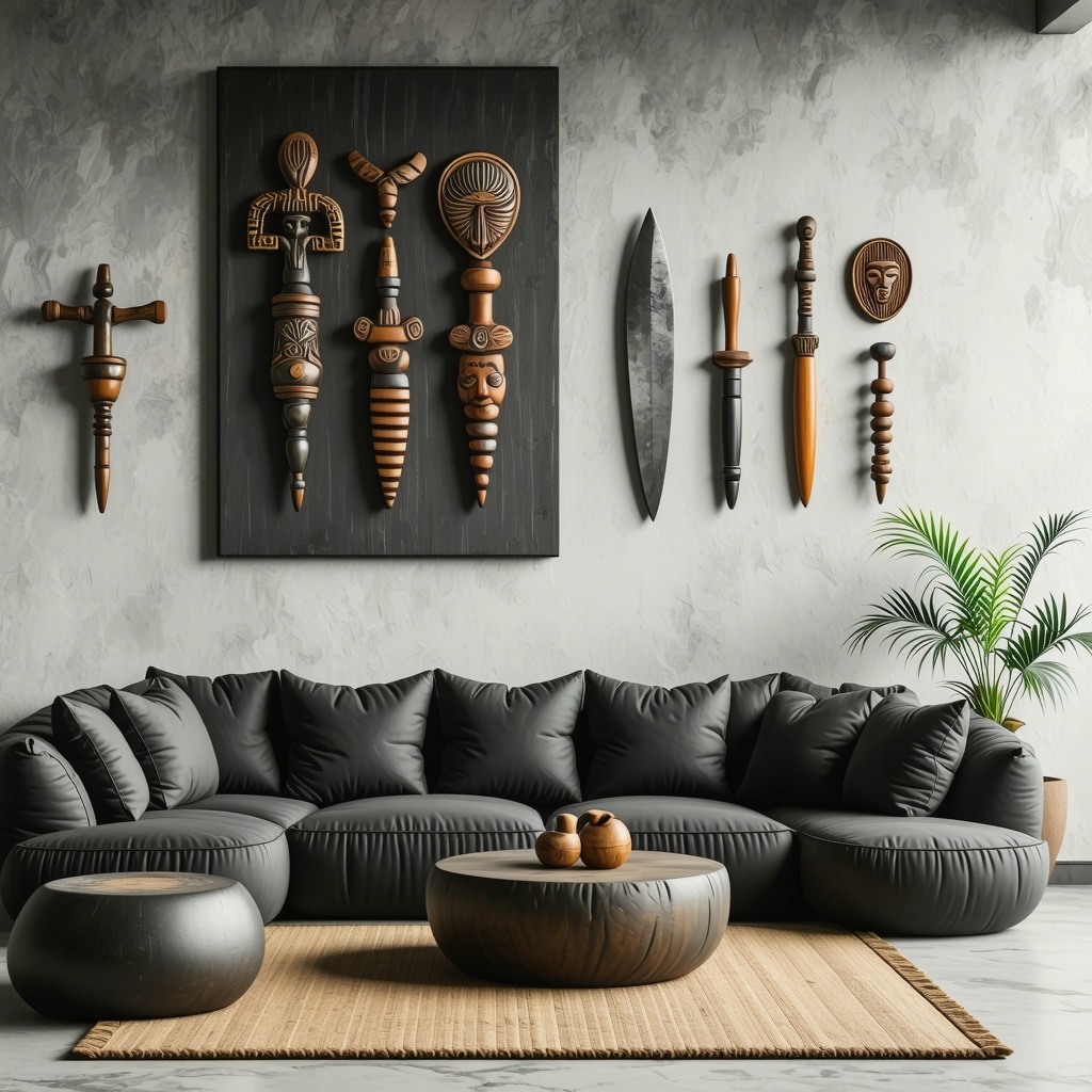 Interior of a contemporary home decorated with traditional Guinean machetes and amulets symbolizing protection and cultural identity