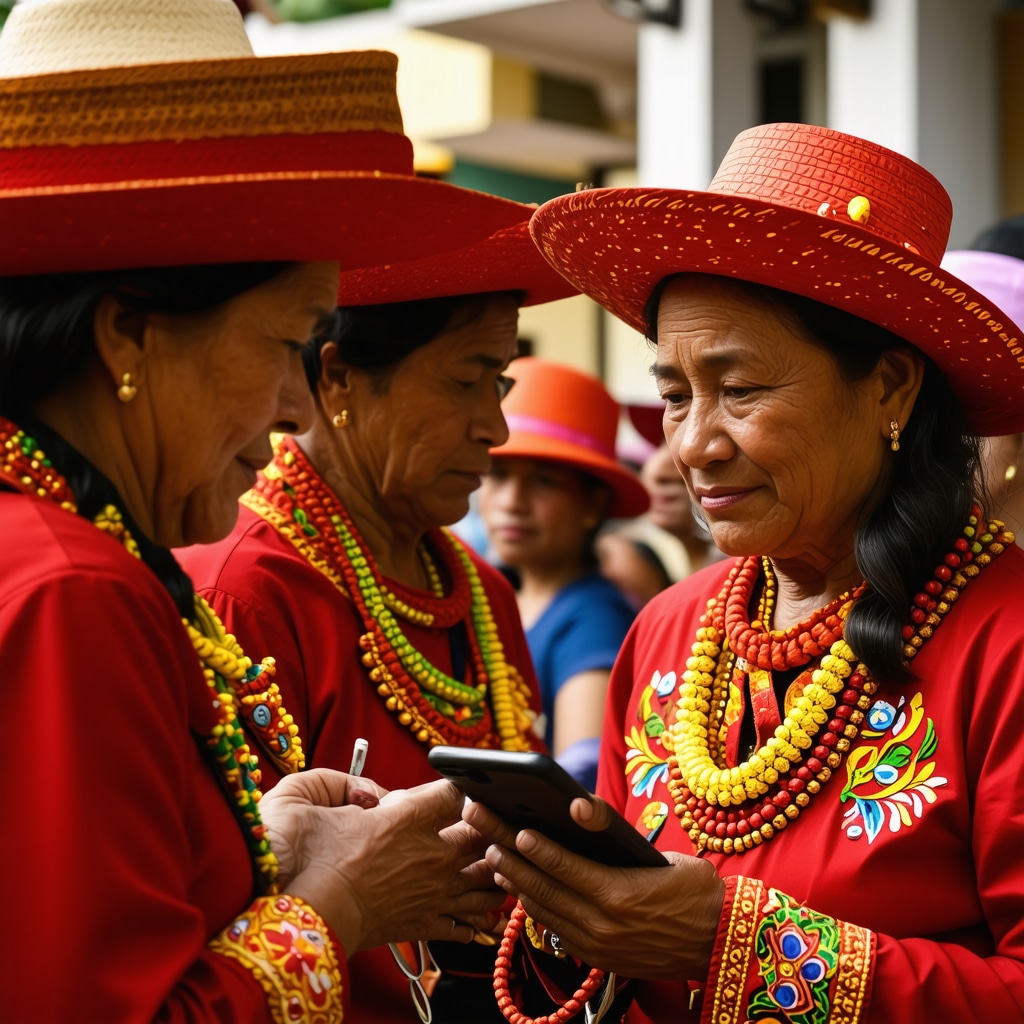 Community members practicing traditional Venezuelan rituals with smartphones and digital devices