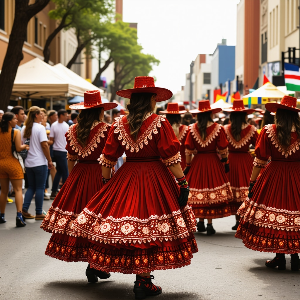 Hispanic American folkloric festival with traditional attire and ancestral symbols in a community setting