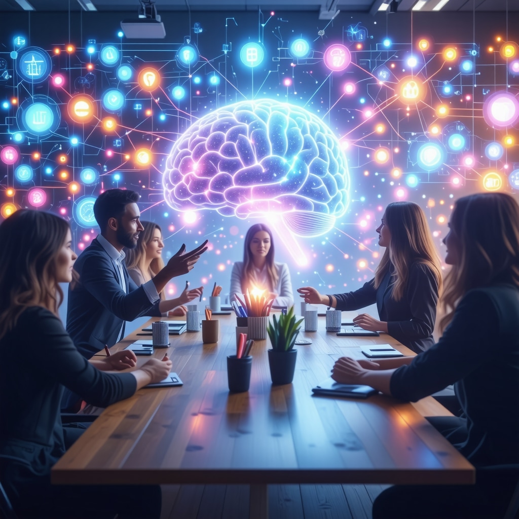 Diverse virtual team engaged in symbolic rituals with neuroplasticity-inspired digital graphics