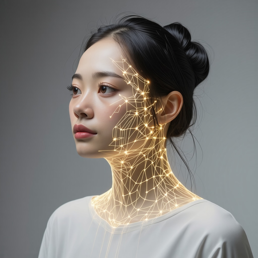 Futuristic wearable amulet featuring glowing geometric biomimetic patterns and neural interface technology symbolizing emotional protection