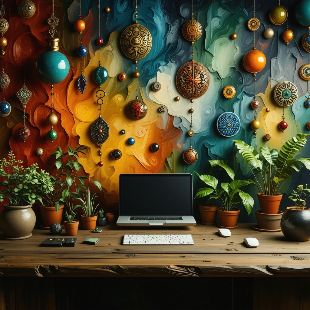 Modern office space decorated with colorful amulets and ancestral motifs symbolizing the integration of neuroscience and cultural traditions in professional success