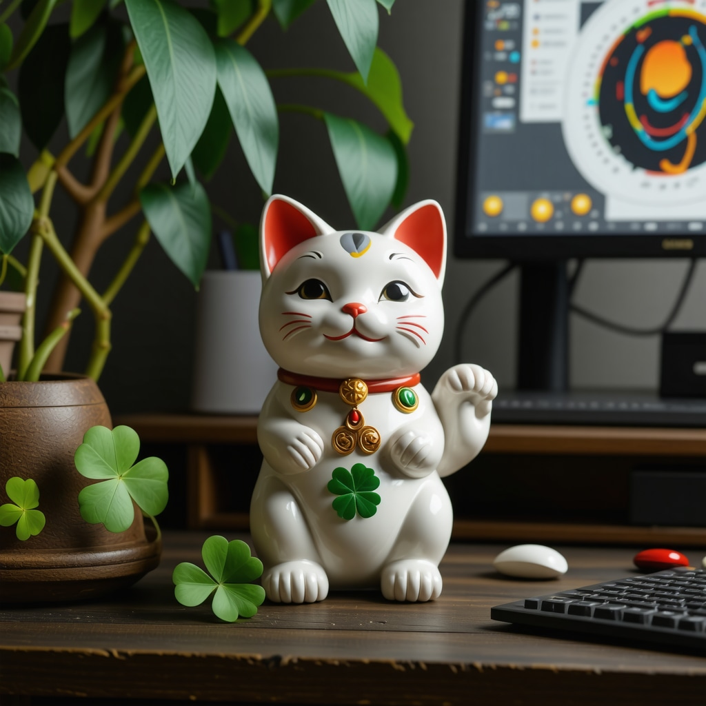 Workspace integrating prosperity symbols and neurofeedback technology Workspace featuring traditional prosperity symbols alongside neurofeedback devices and calming decor