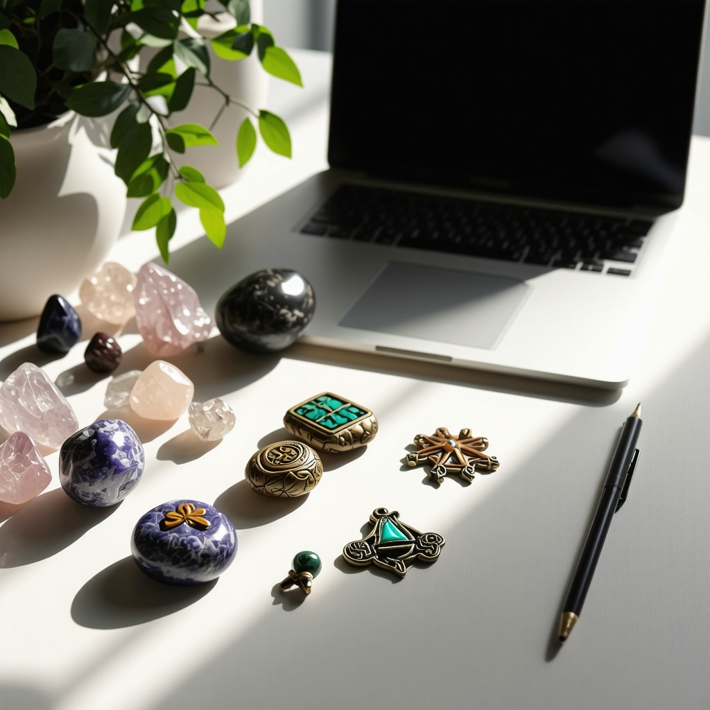 Workspace featuring personal amulets like crystals and traditional symbols near a laptop, symbolizing calm and focus