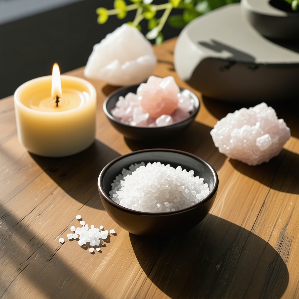 A wooden desk with a bowl of sea salt, crystals, and a lit candle symbolizing spiritual rituals
