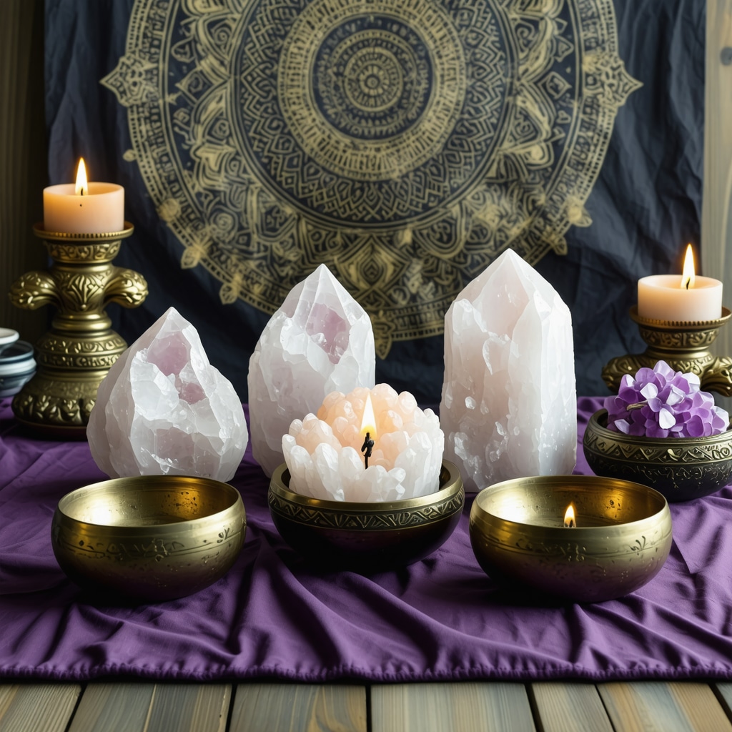 Altar with burning copal incense, quartz and amethyst crystals, Tibetan singing bowls, and mandala for spiritual energy cleansing.