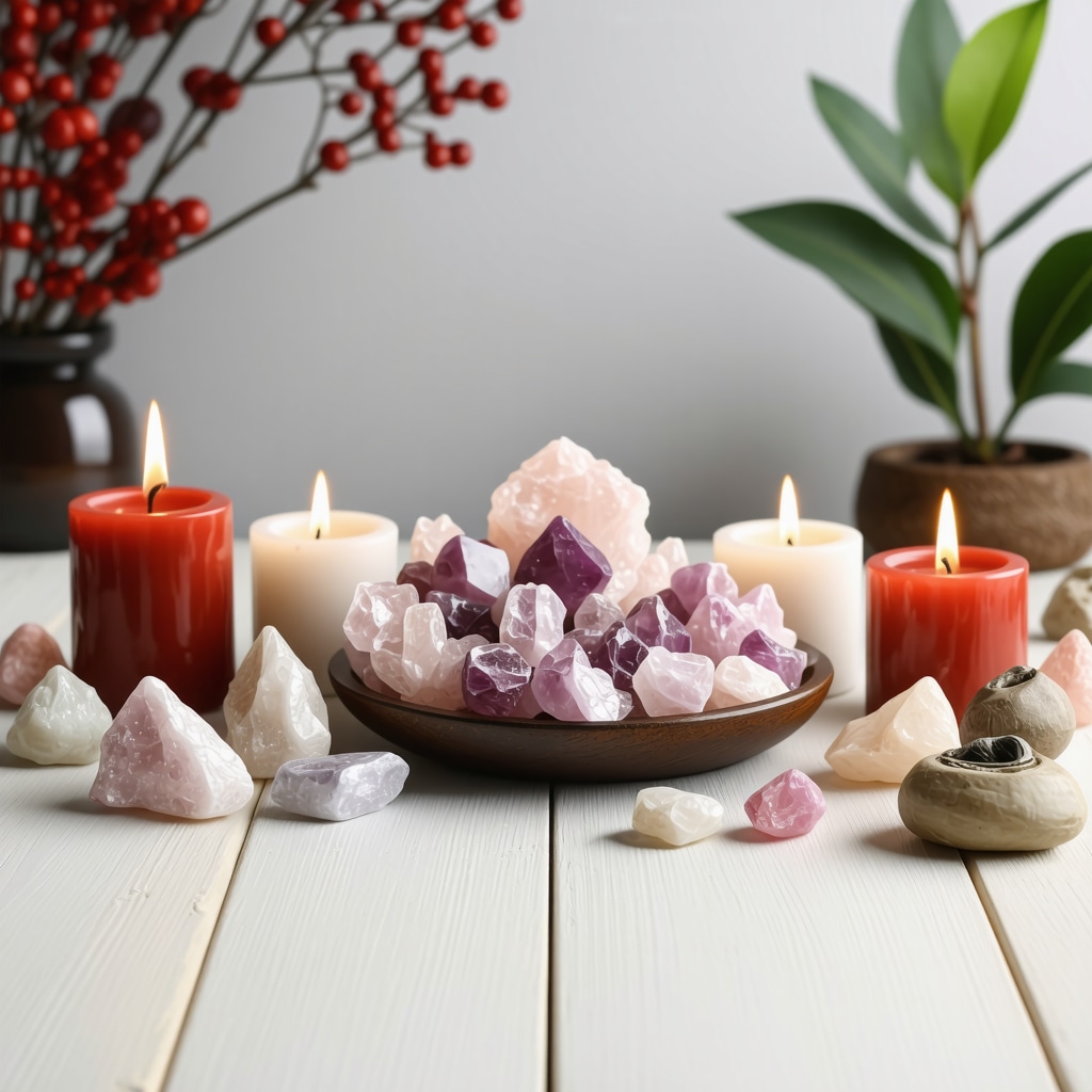 Altar con cristales, velas rojas y blancas, y elementos naturales para ritual de protección