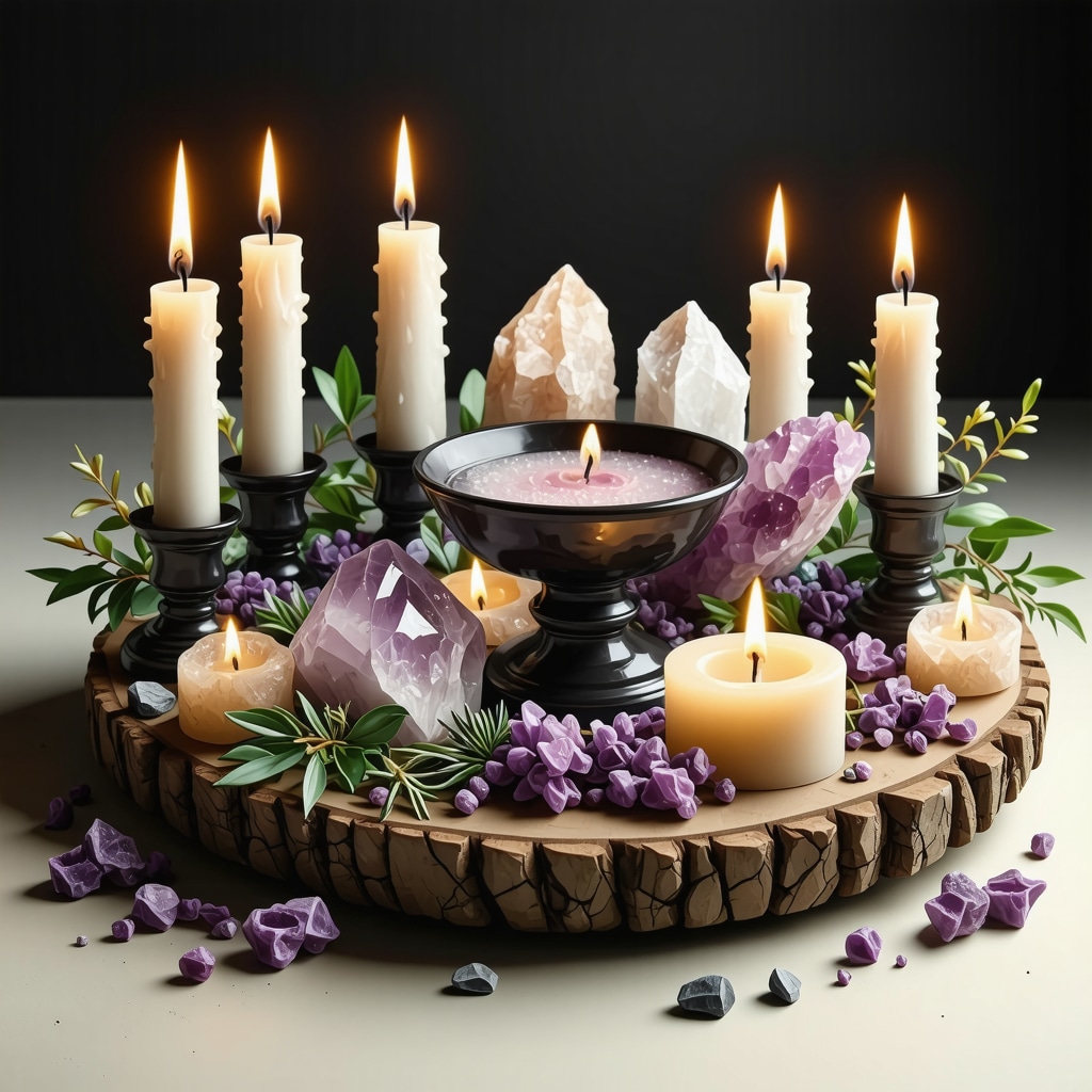 Ilustración de un altar con cristales, velas y hierbas para atraer abundancia