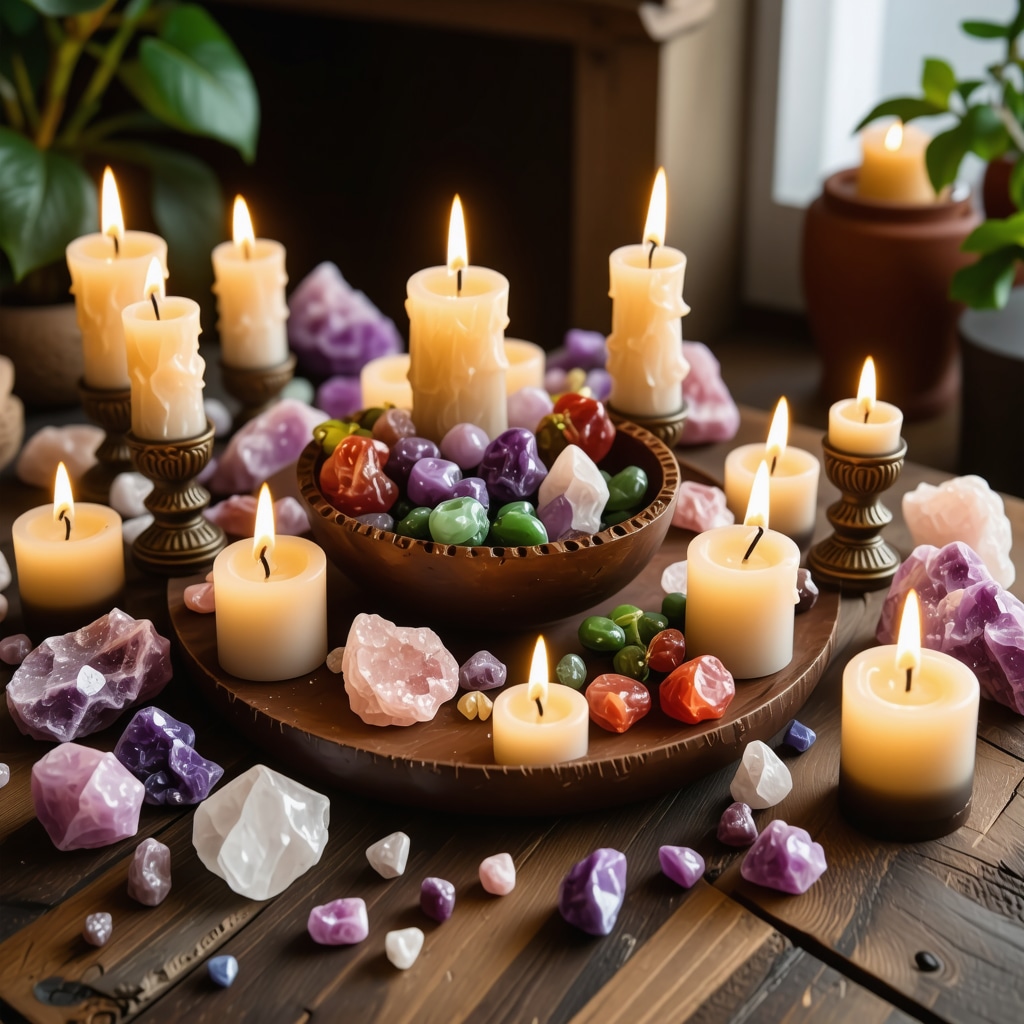 Altar decorado con velas, cristales y símbolos que representan la abundancia en un ambiente hogareño