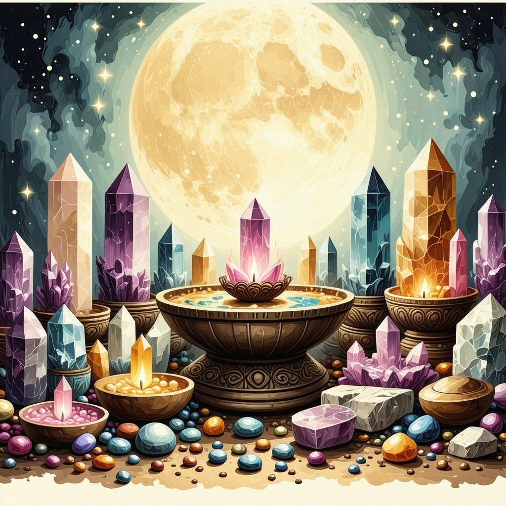 Altar espiritual con símbolos de abundancia, cristales y objetos culturales que potencian la prosperidad