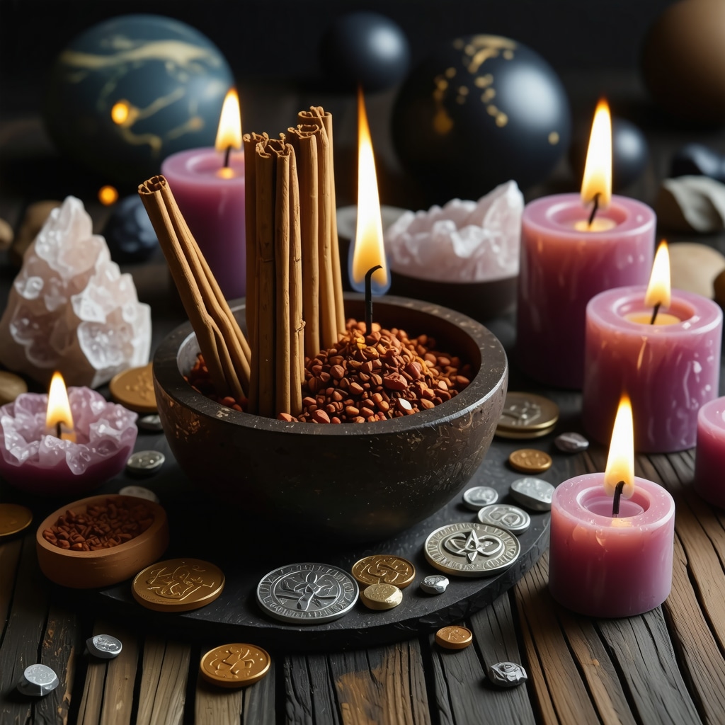 Altar con incienso de sándalo y canela, cristales, monedas antiguas y velas para rituales de prosperidad