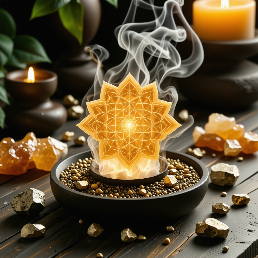 Altar con incienso orgánico, cristales de citrino y pirita, geometría sagrada y ondas sonoras binaurales para potenciar rituales de prosperidad