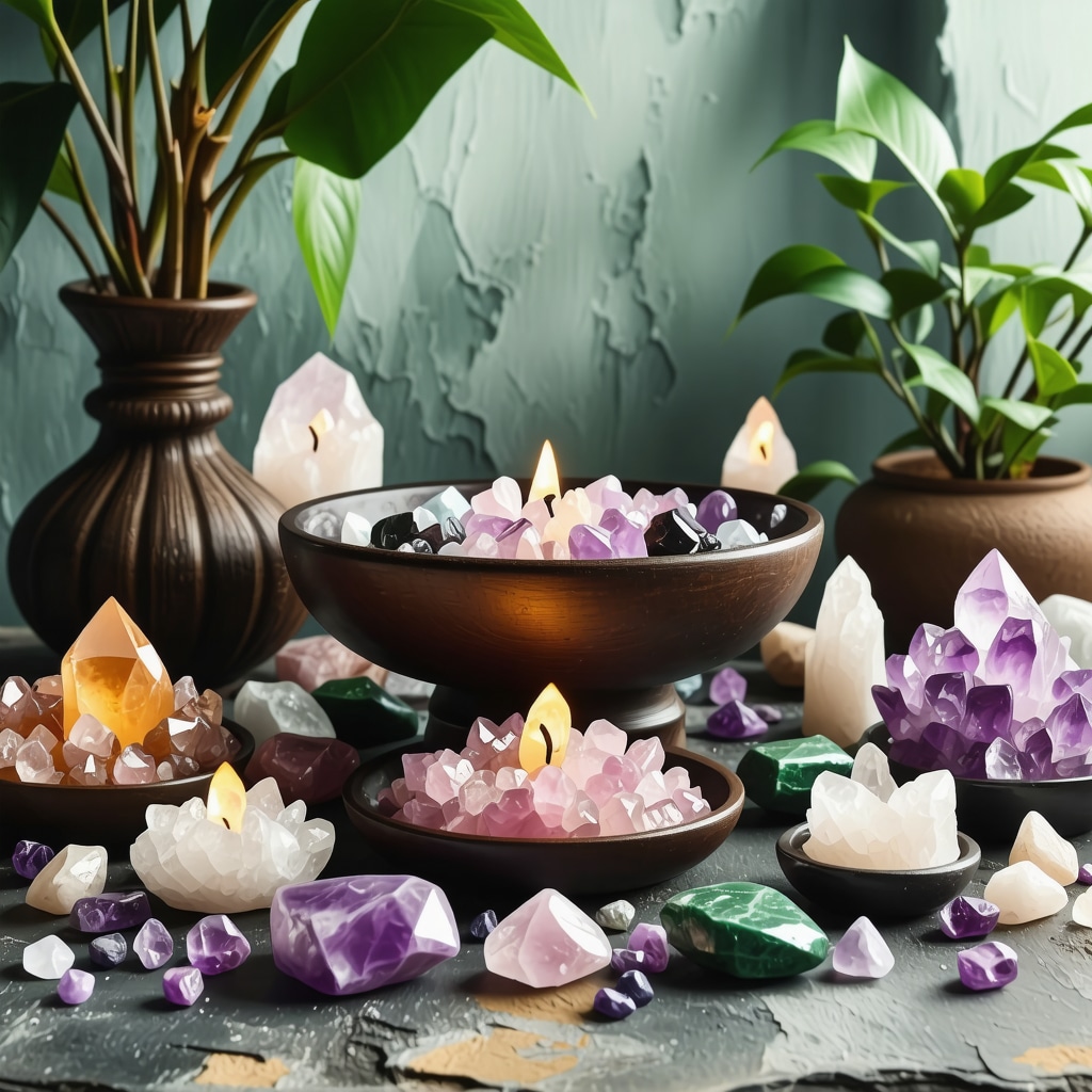 Altar espiritual con símbolos ancestrales, cristales y plantas para atraer riqueza