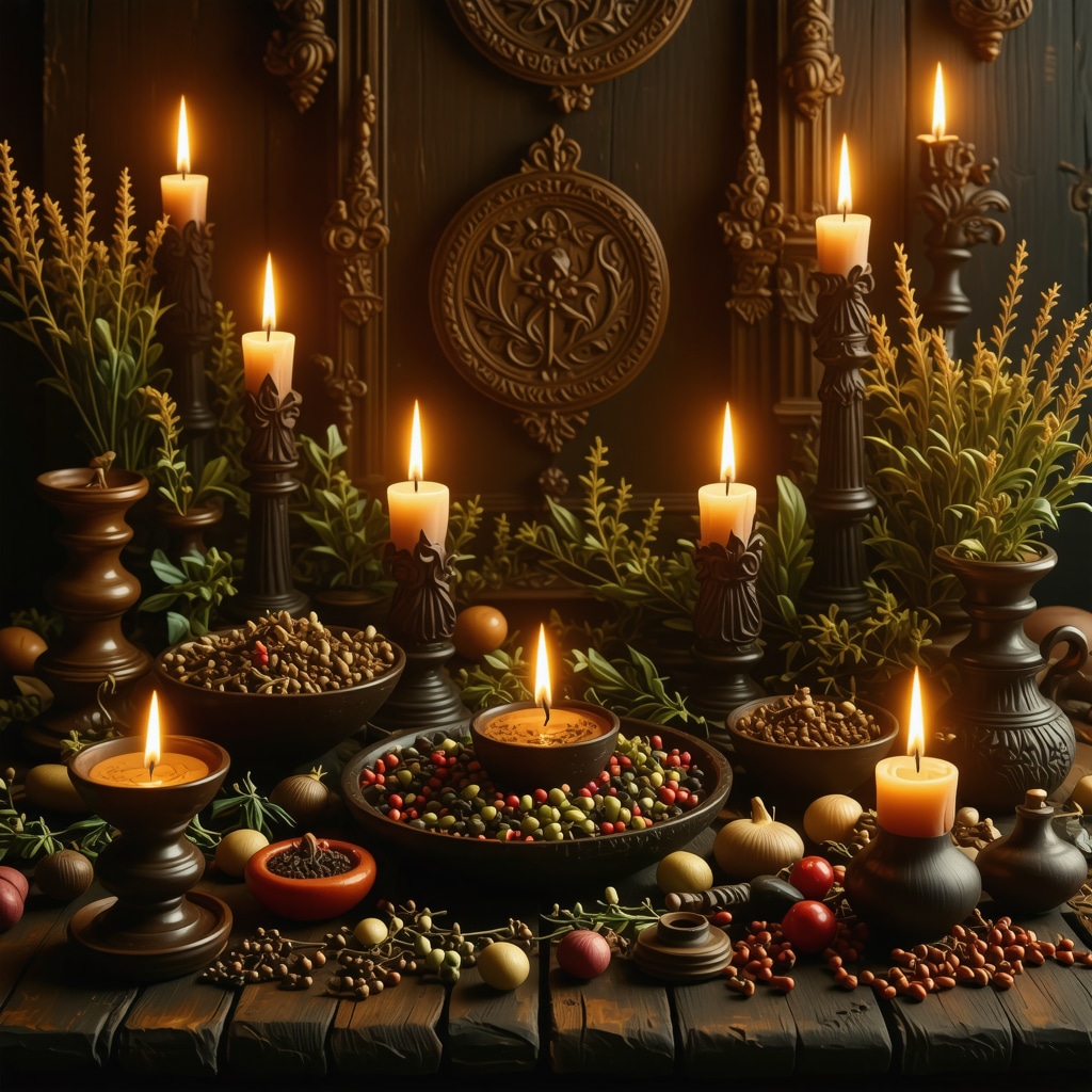 Mystical altar with candles, herbs, and prosperity symbols, glowing with energy.
