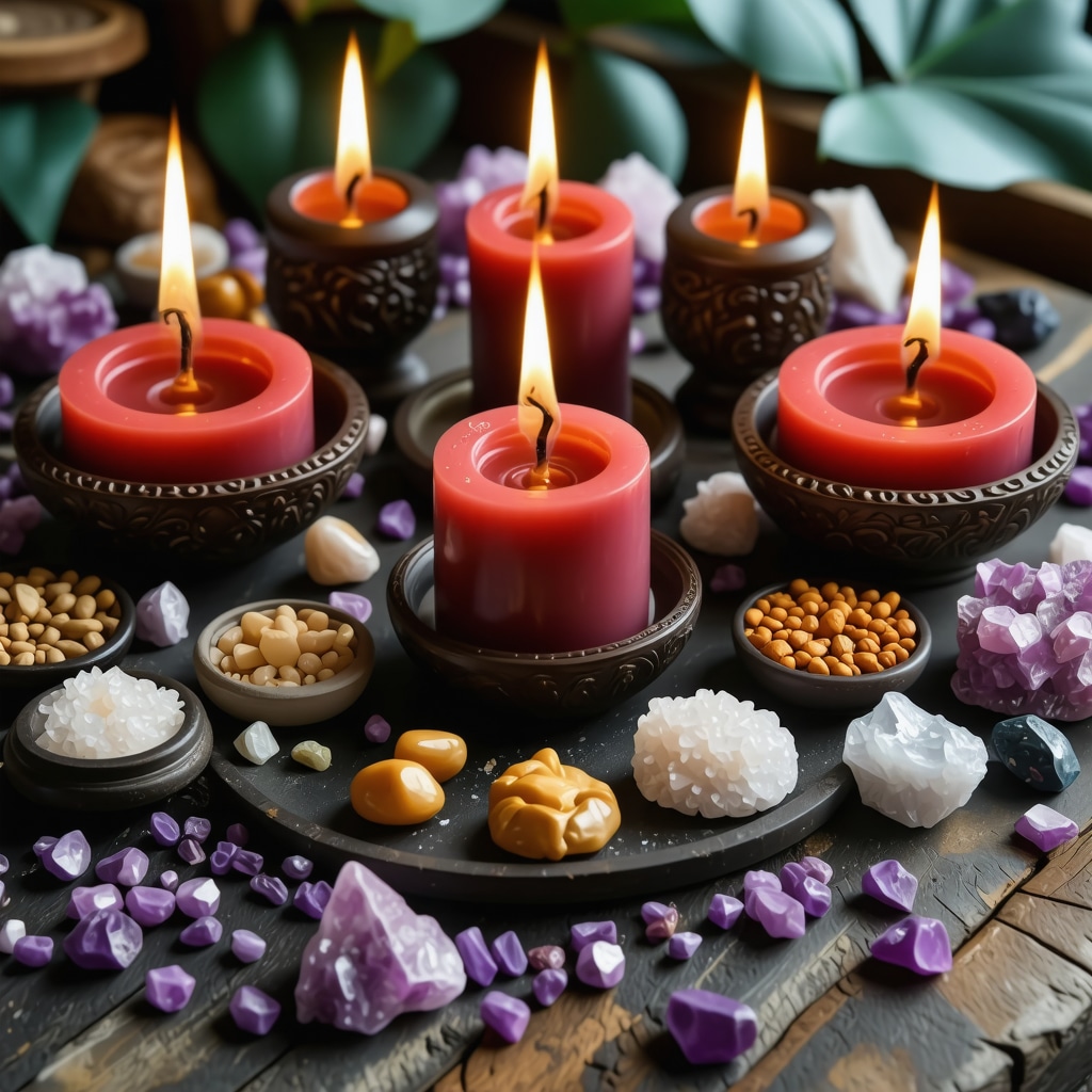 Altar ritual con alimentos simbólicos, velas y cristales para atraer la prosperidad