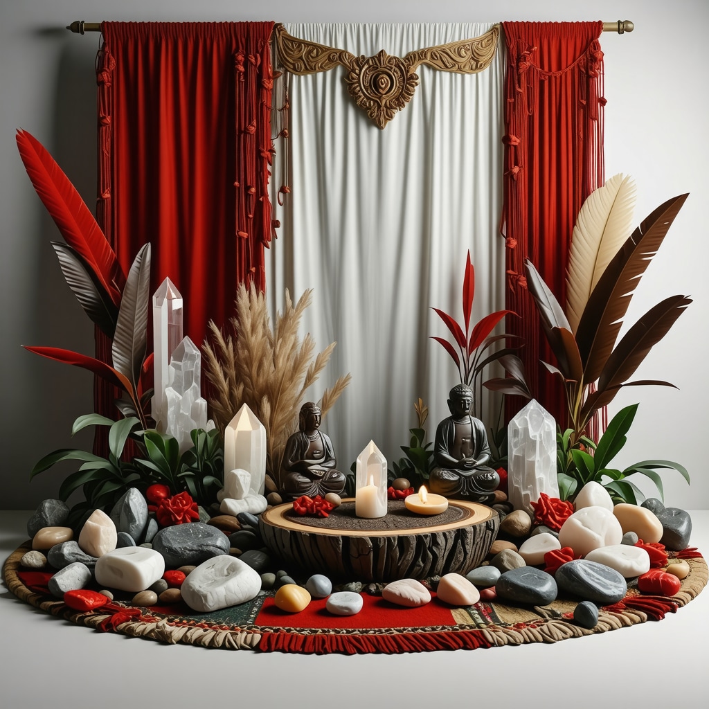 Altar ritual con telas rojas y blancas, cristales, figuras talladas y elementos naturales para protección espiritual