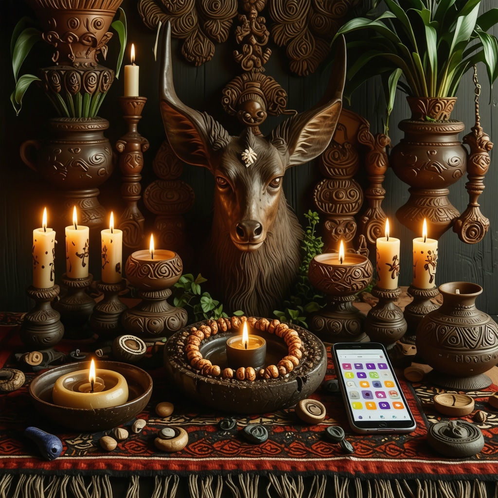 Altar con ojo de venado, velas aromáticas y un teléfono móvil mostrando una aplicación de meditación