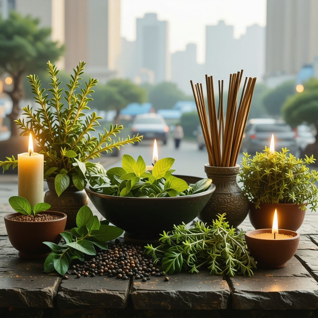 Altar with fresh mint, rosemary, rue, and incense for spiritual energy cleansing in an urban home