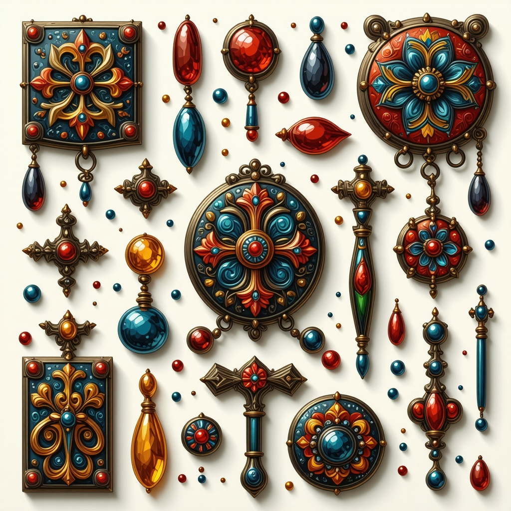 Amuletos y símbolos culturales rusos en un fondo colorido