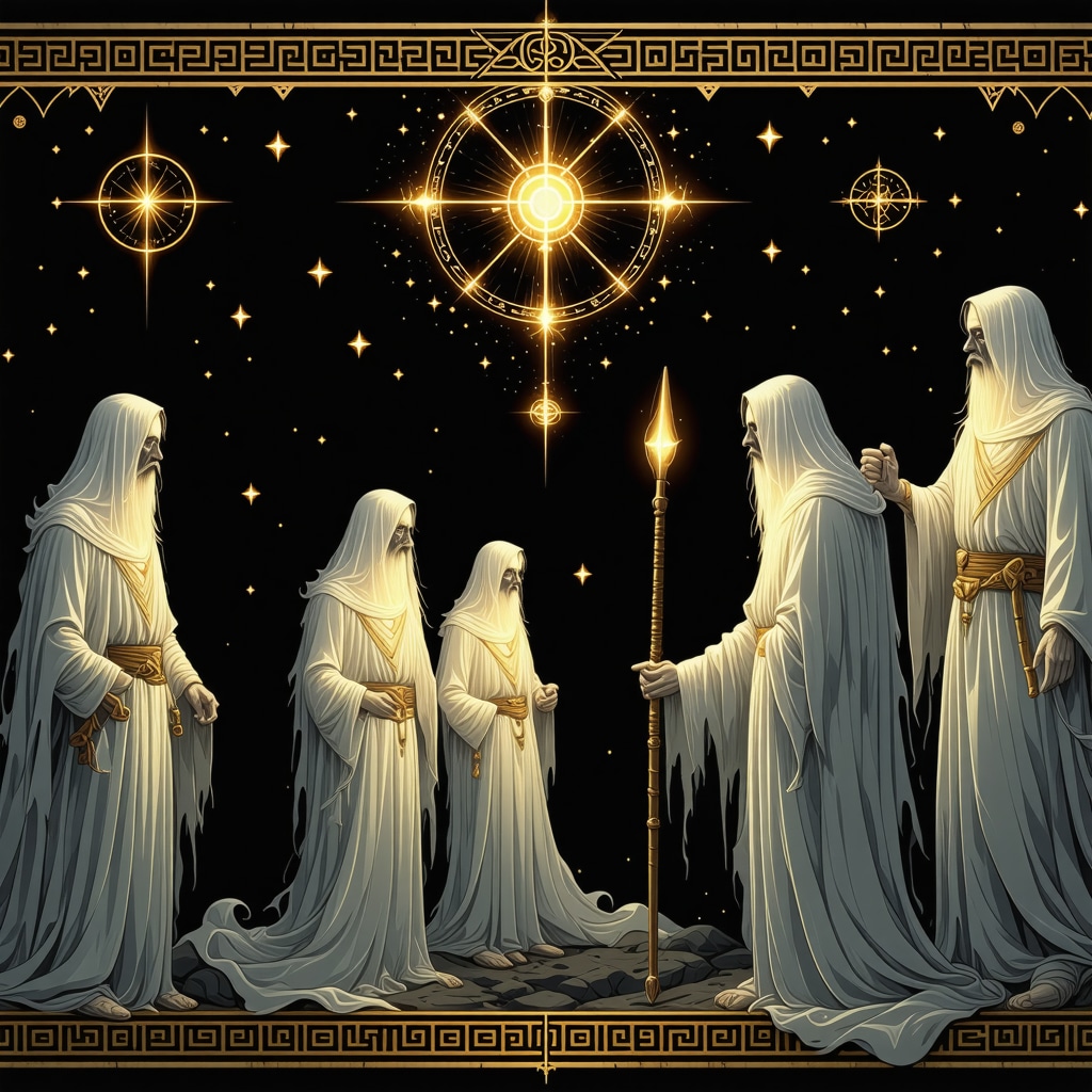 Glowing ancient geometric symbols with ghostly figures representing ancestral protection and mystical folklore