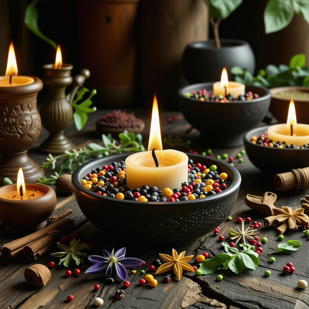 A mystical scene illustrating traditional rituals involving herbs, fire, and candles for spiritual purposes.