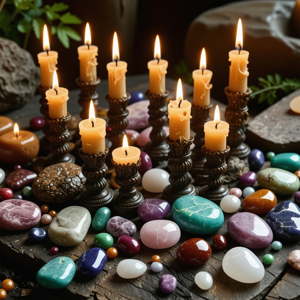 Wedding altar with candles, gemstones, and natural symbols in a mystical setting