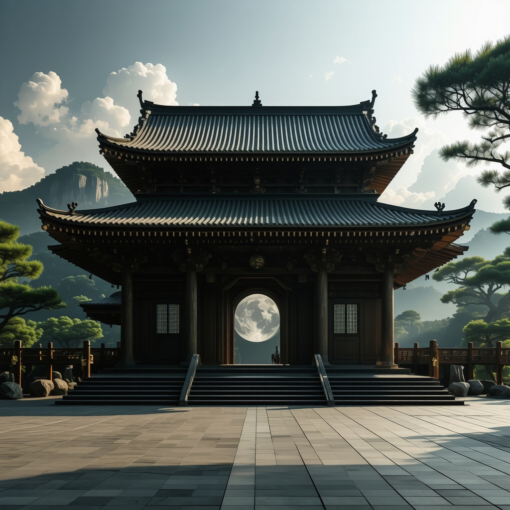 Templo japonés tradicional con elementos simbólicos y arquitectura armoniosa