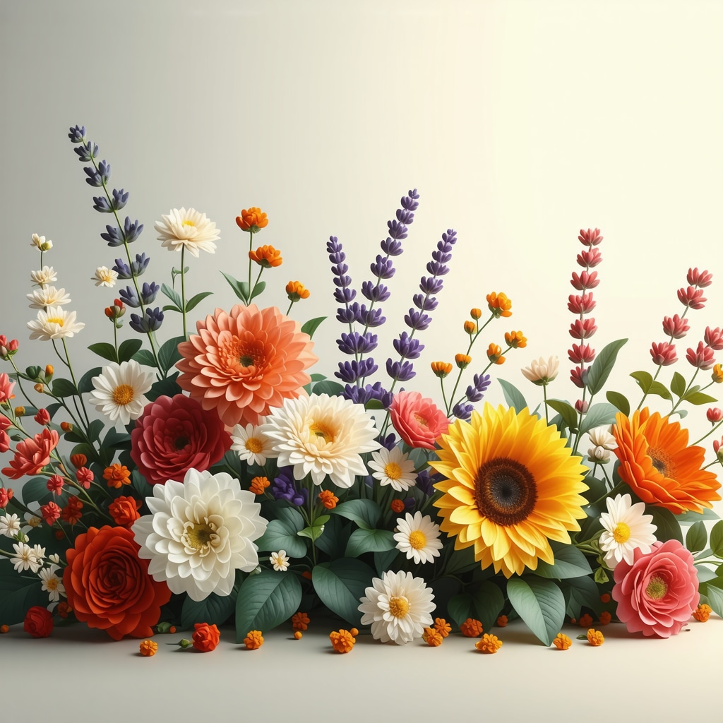 Arreglo floral con crisantemo, jazmín, lavanda y girasol en un ambiente espiritual y armonioso