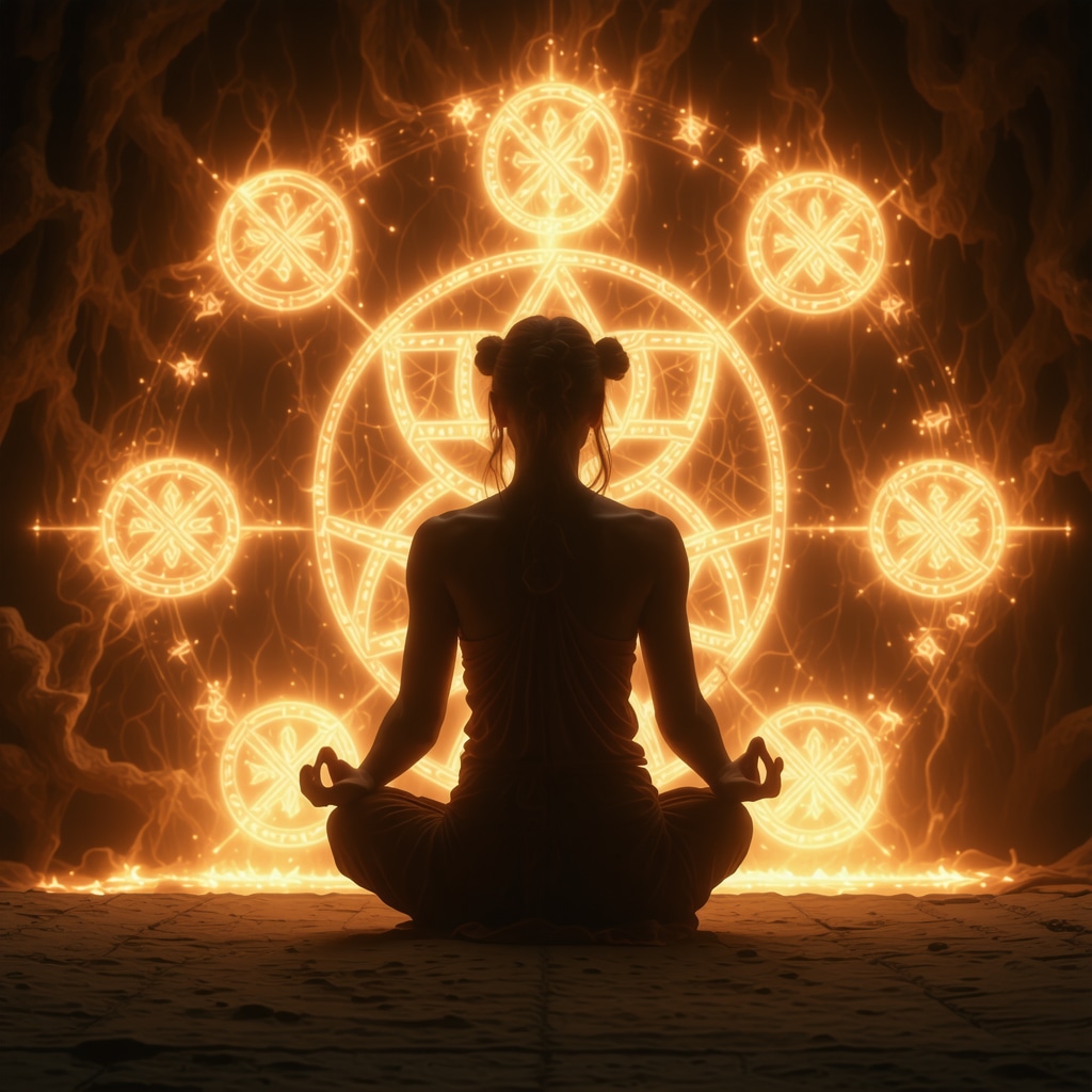 Person meditating with glowing Celtic trisquel symbols in a modern therapy setting