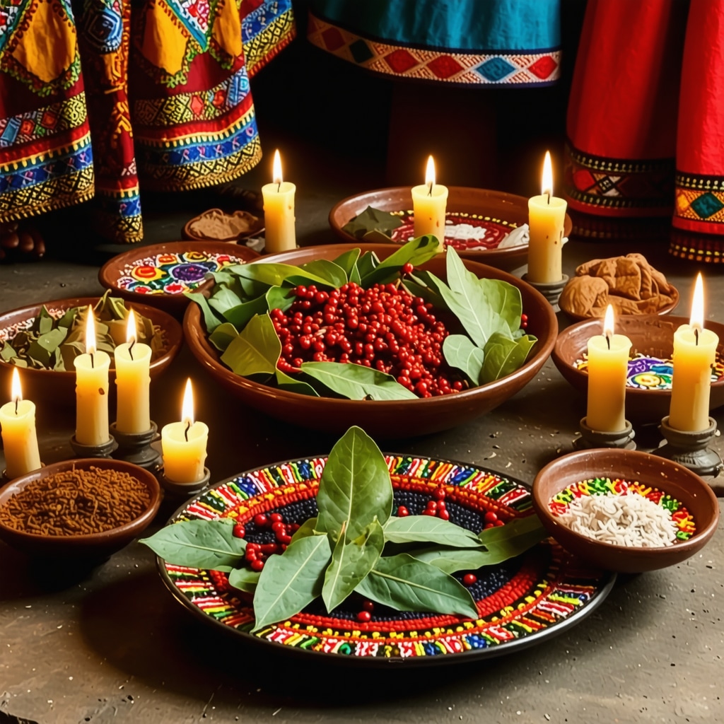 Colorful Bolivian ritual with khatas, coca leaves, candles, and traditional elements symbolizing spiritual practice