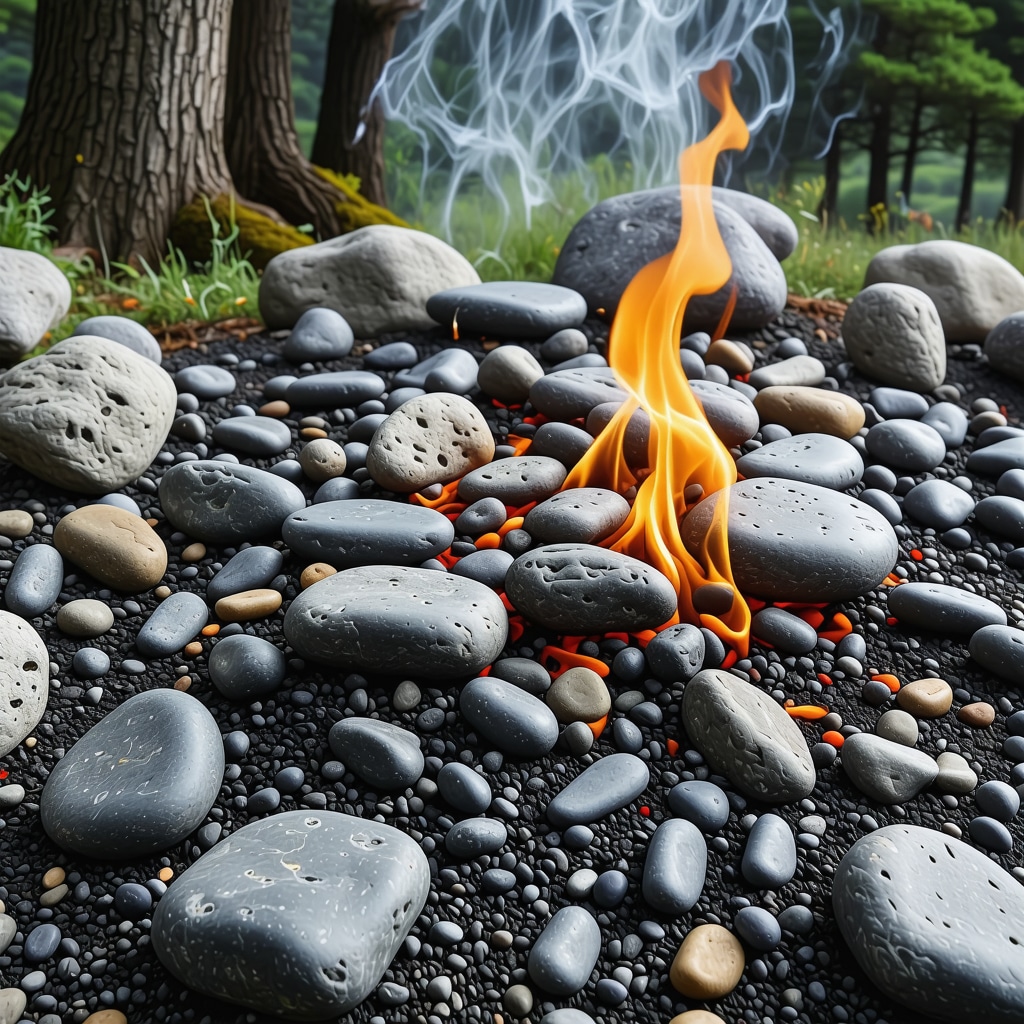 Ritual con piedras volcánicas y fuego en un entorno natural, simbolizando conexión ancestral