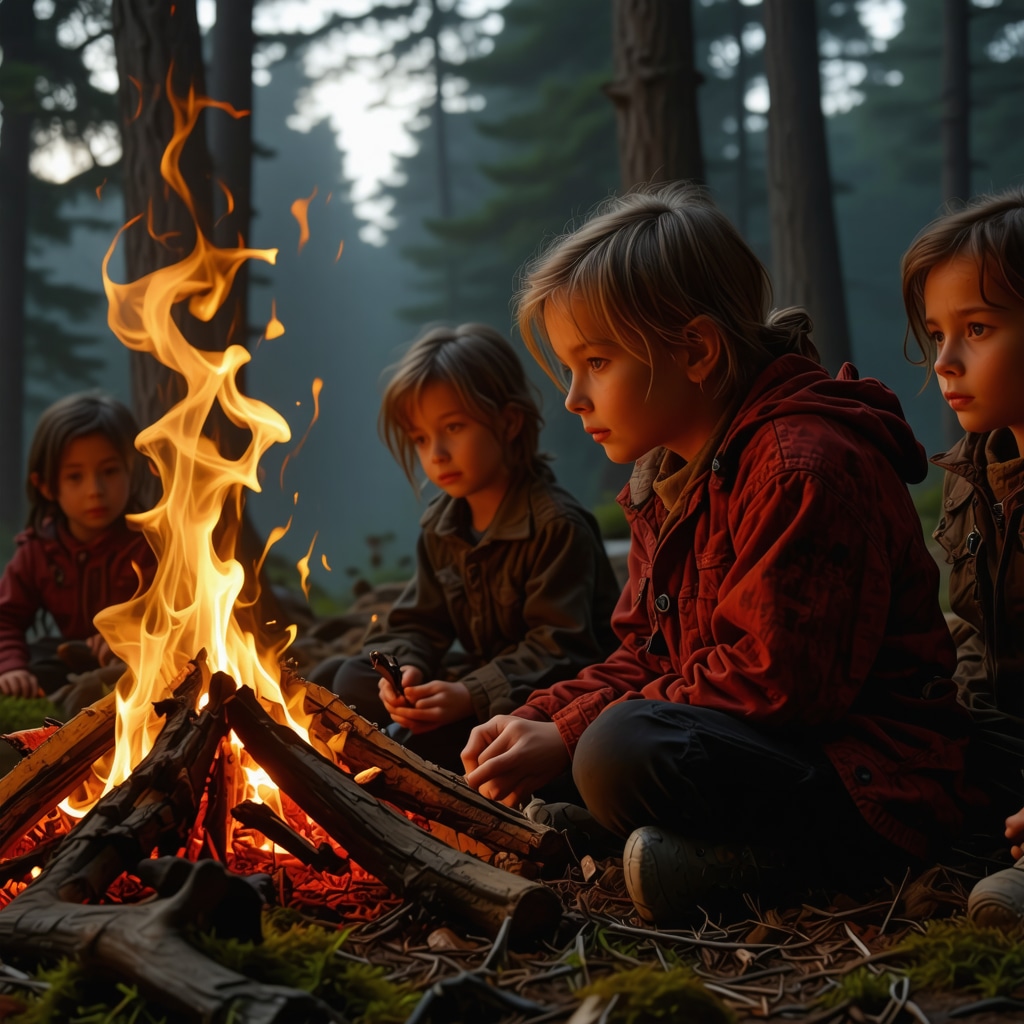 Children and elder around campfire sharing a traditional scary legend at dusk