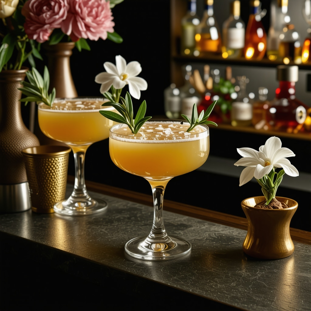 A visually striking cocktail garnished with edible flowers and geometric decorations, set on a bar counter with traditional utensils, symbolizing fusion of ancestral rituals and contemporary mixology.