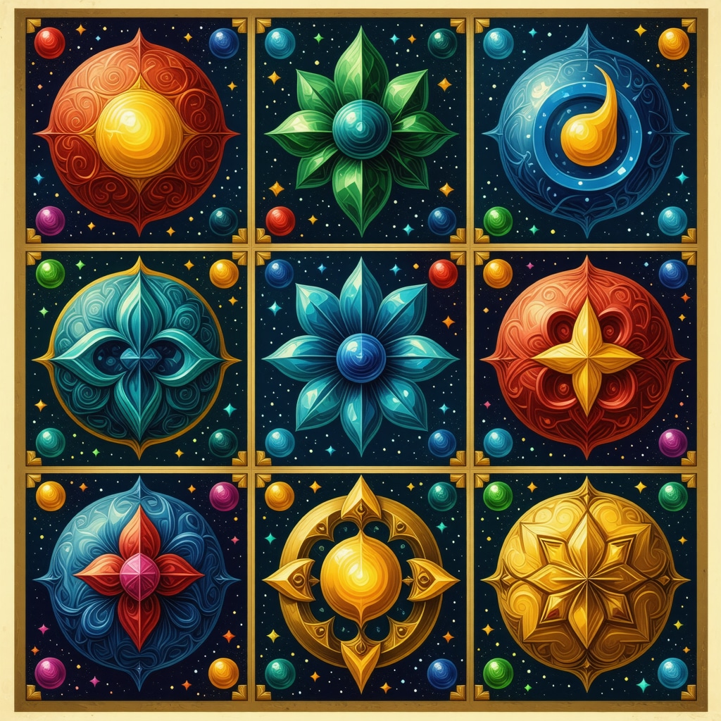 Imagen de símbolos esotéricos coloridos relacionados con la suerte y prosperidad en 2024
