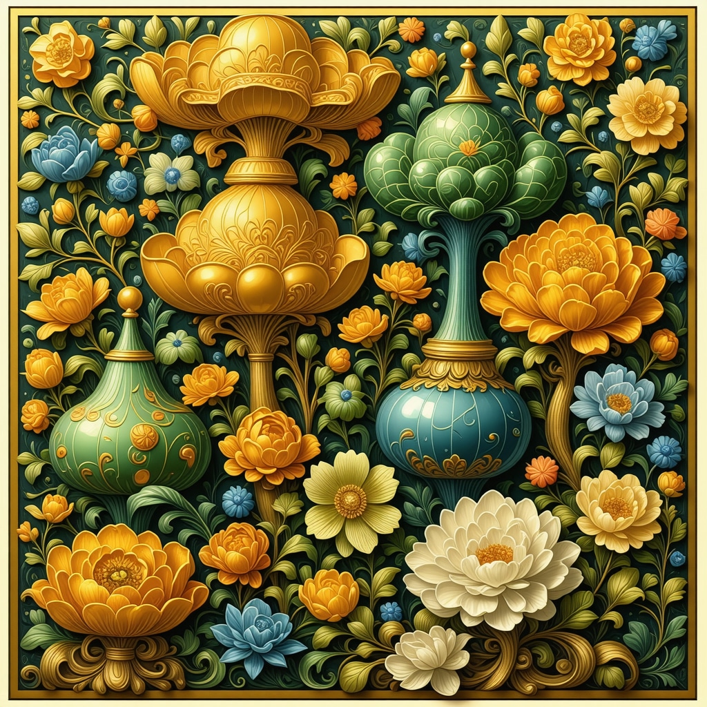 A colorful collage representing prosperity symbols from various cultures.