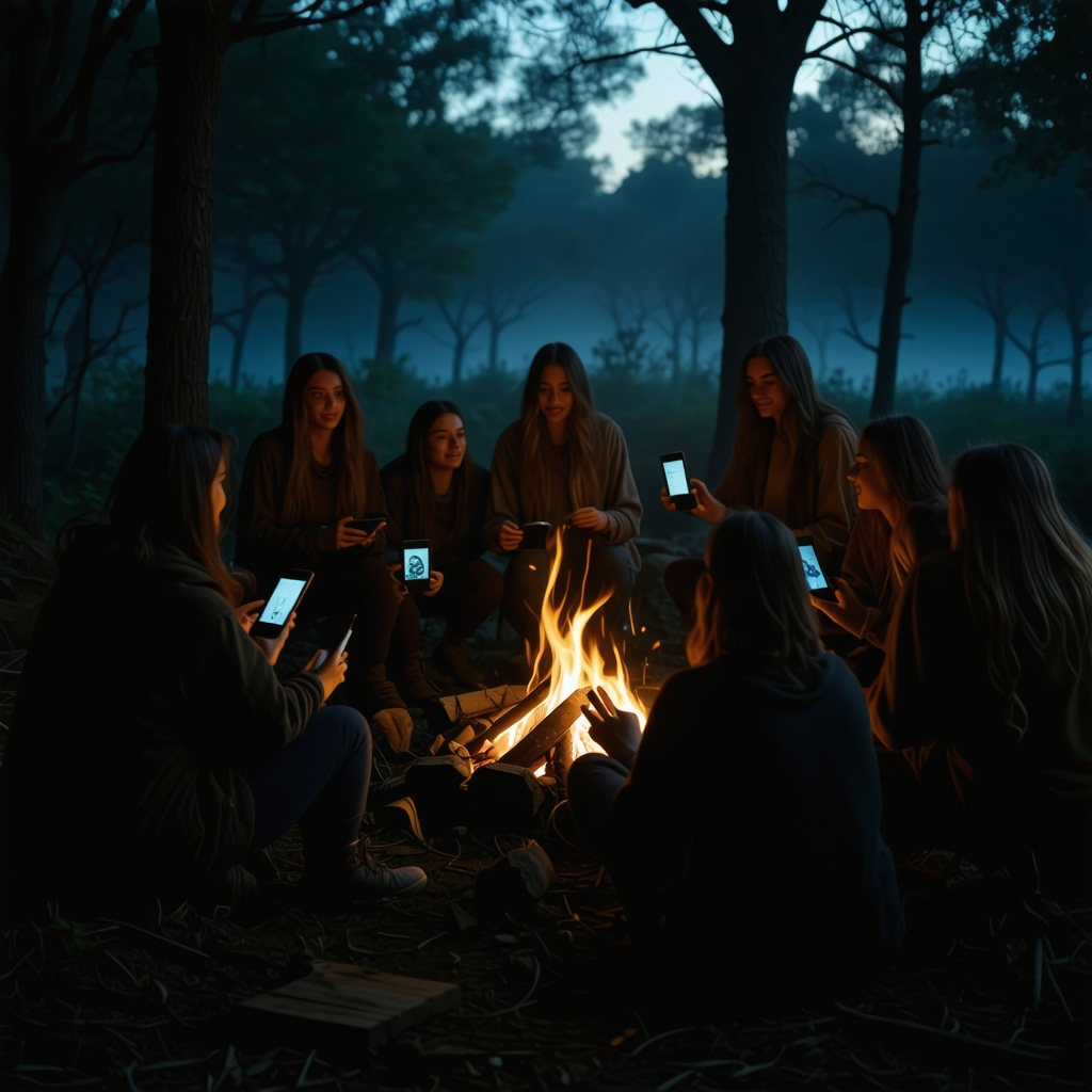 People sharing ghost stories around a campfire with digital devices illustrating folklore's evolution