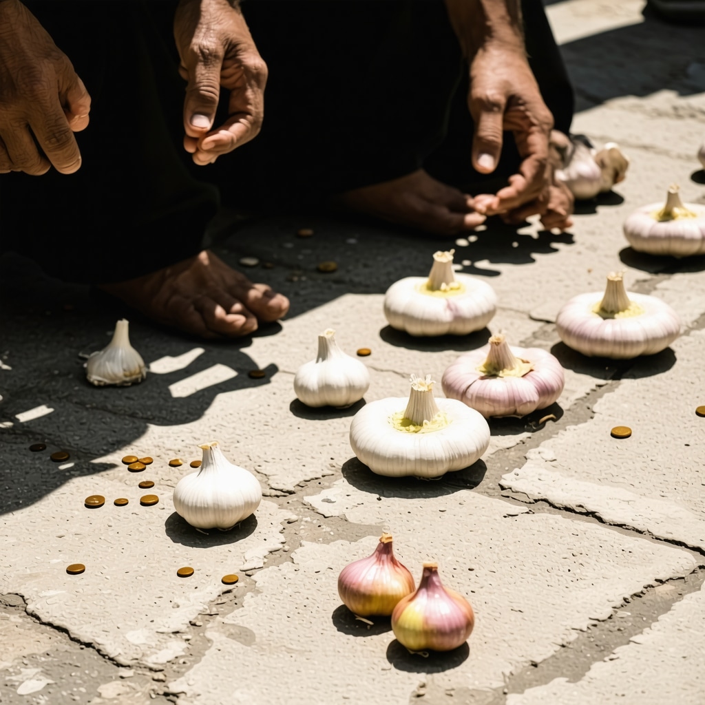 Salvadoran people engaging in traditional superstition rituals with garlic and amulets in a modern urban environment