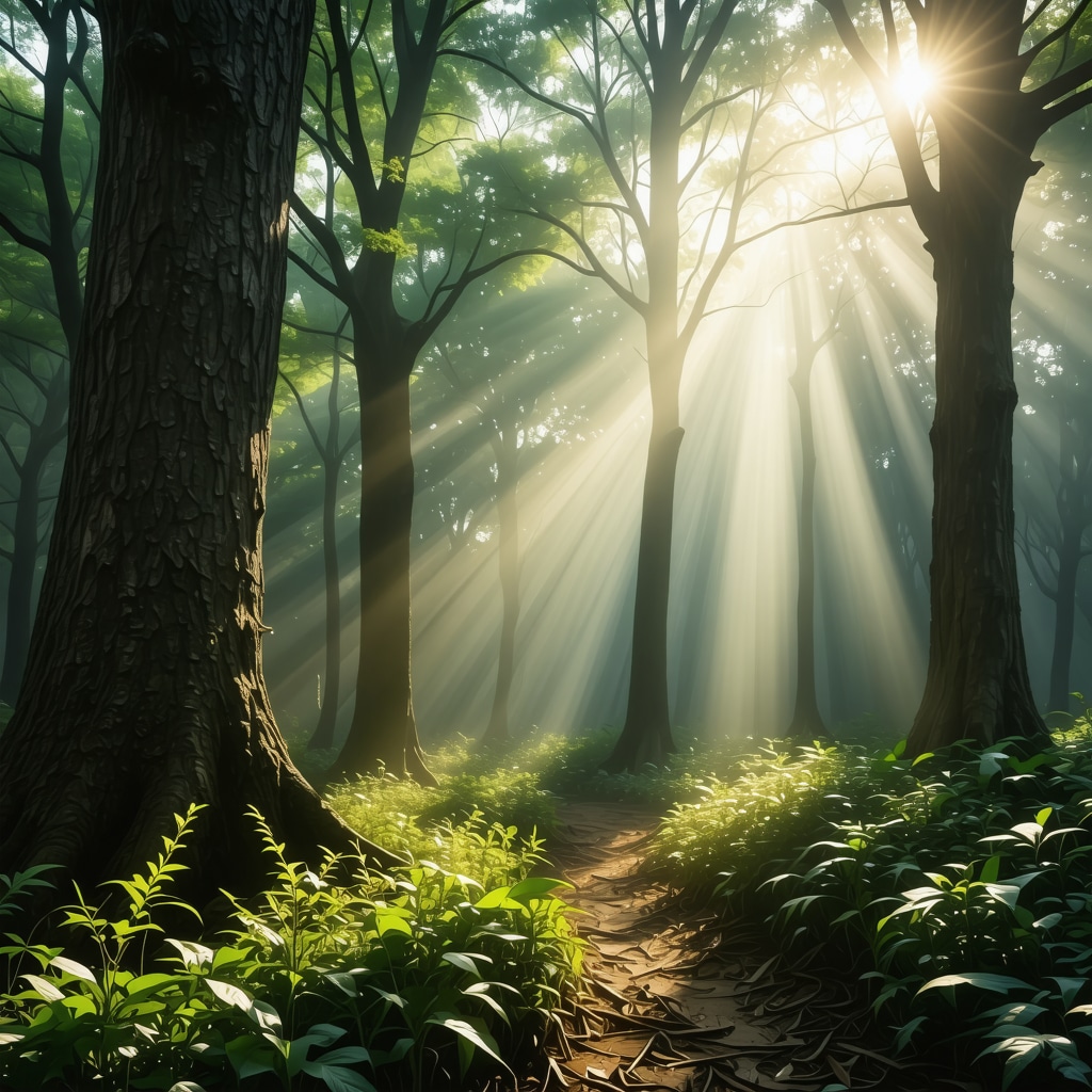 Bosque tranquilo con luz suave, representando la armonía espiritual y la conexión con energías positivas.