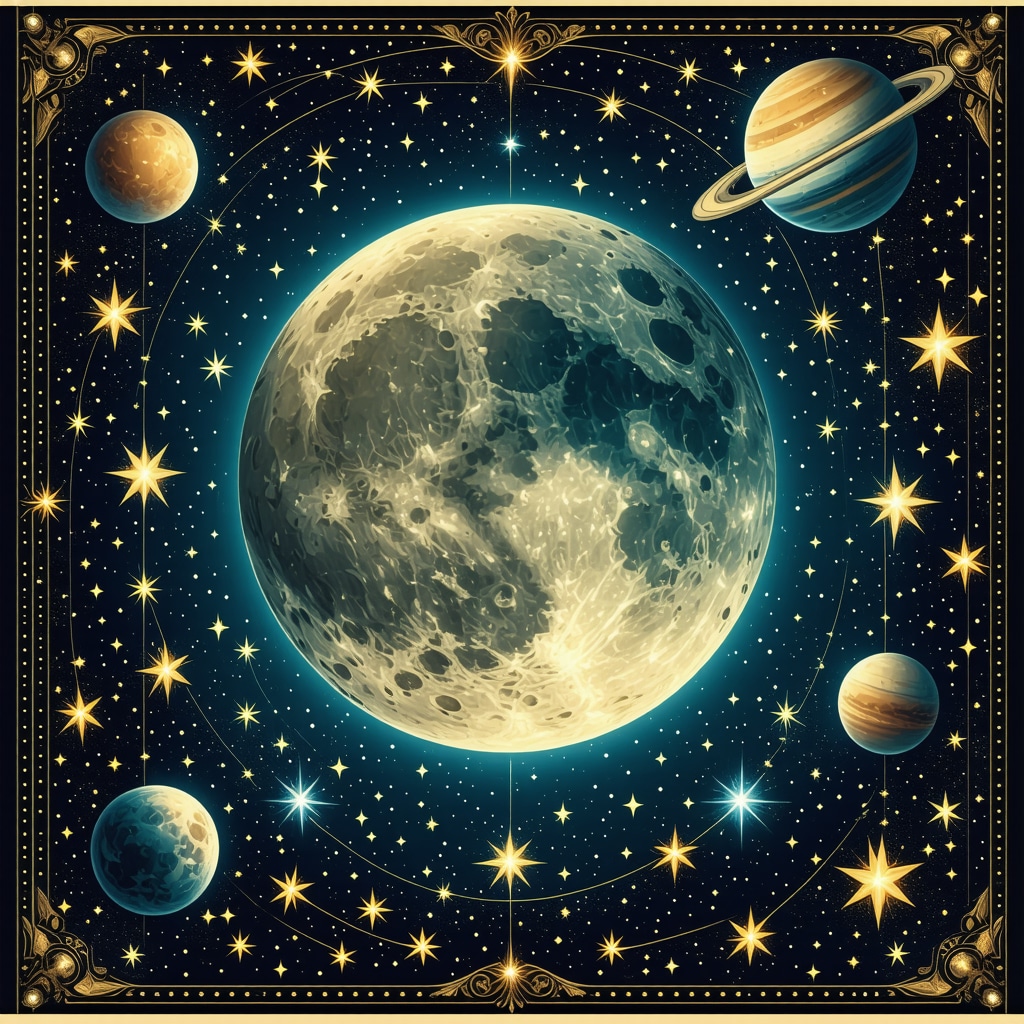 Illustration of moon, stars, and planets symbolizing cosmic connection