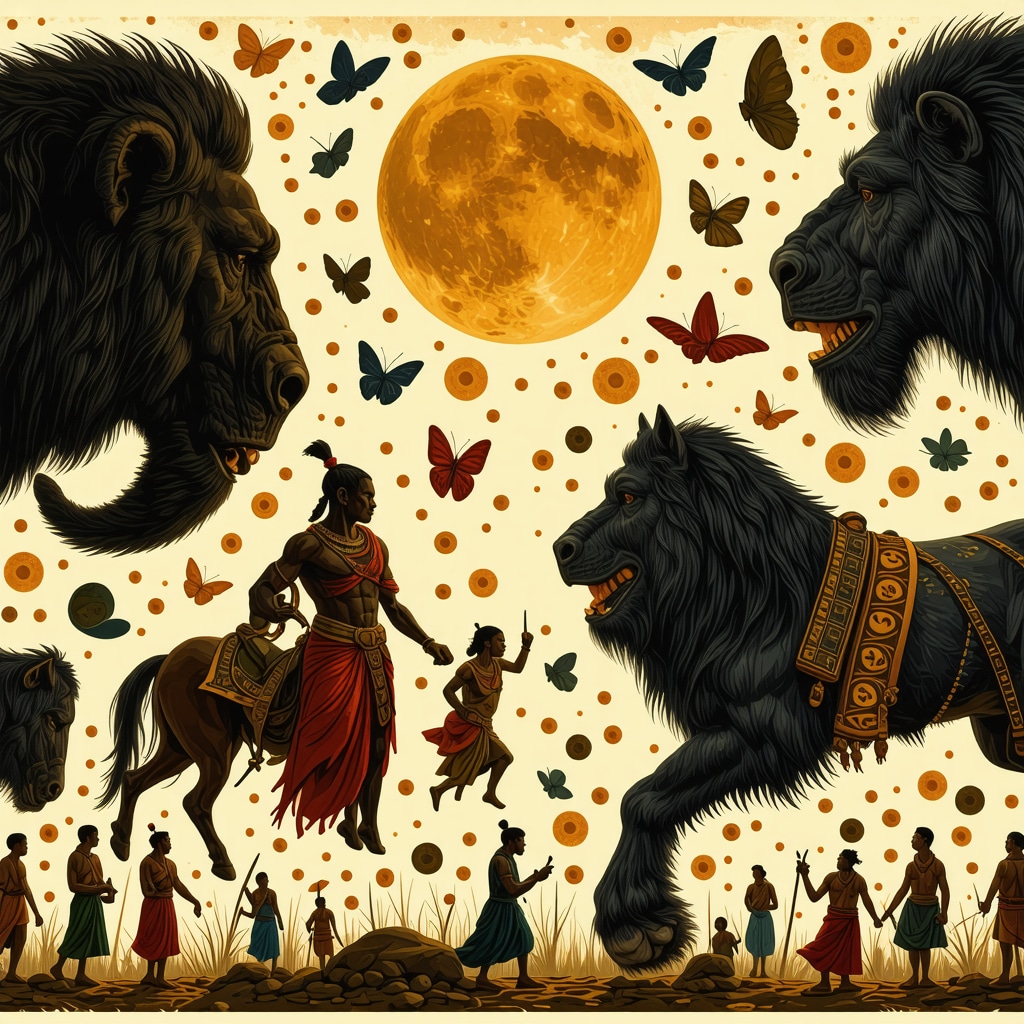 Ilustración que muestra mitos de diferentes culturas uniendo símbolos y personajes en un mosaico colorido