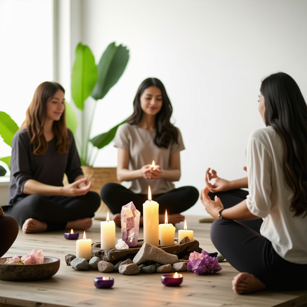 Corporate team conducting Friday ritual with candles and mindfulness in office