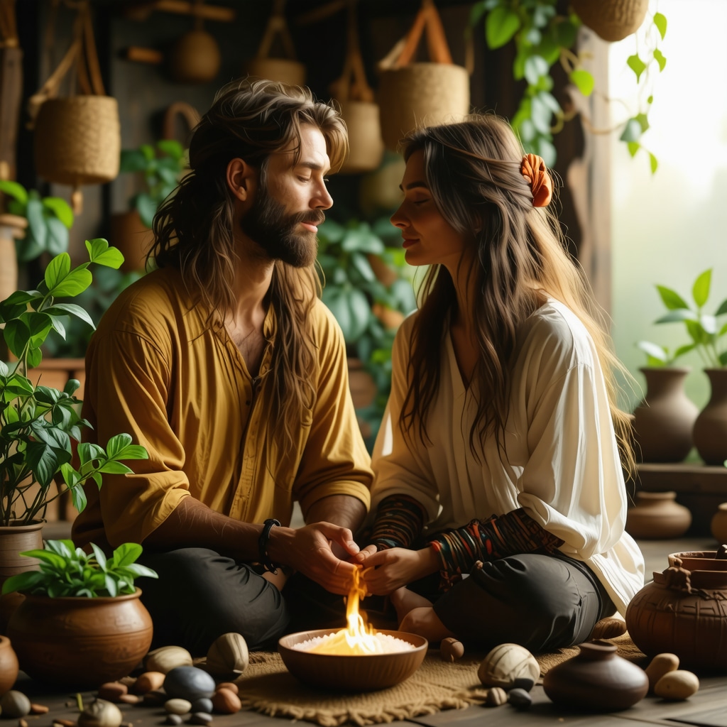 Couple engaging in synchronized breathing and eye contact surrounded by ritualistic symbols and natural elements