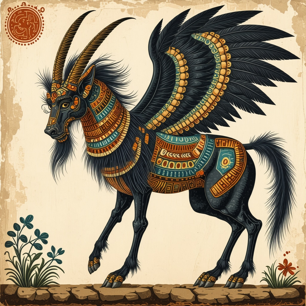 Ilustración de una criatura fantástica del folclore paraguayo en estilo tradicional