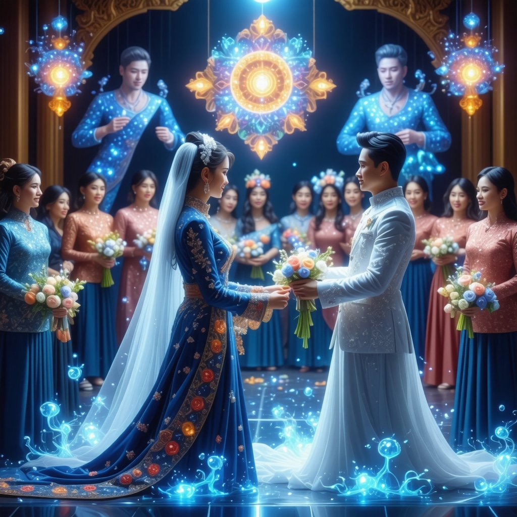 Digital Augmented Reality Visualization of Filipino Wedding Rituals Illustration showing Filipino wedding rituals enhanced with augmented reality symbols and ancestral patterns